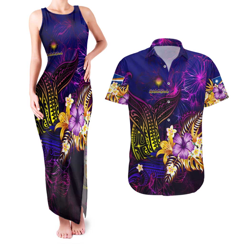 Marshall Islands Couples Matching Tank Maxi Dress and Hawaiian Shirt Whale Hibiscus Polynesian