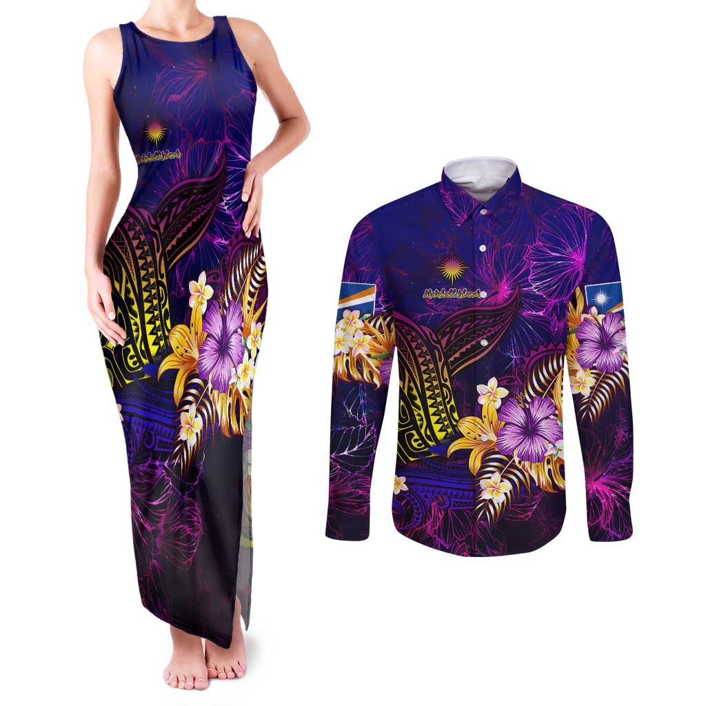 Marshall Islands Couples Matching Tank Maxi Dress and Long Sleeve Button Shirt Whale Hibiscus Polynesian