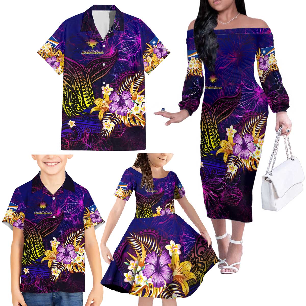 Marshall Islands Family Matching Off The Shoulder Long Sleeve Dress and Hawaiian Shirt Whale Hibiscus Polynesian