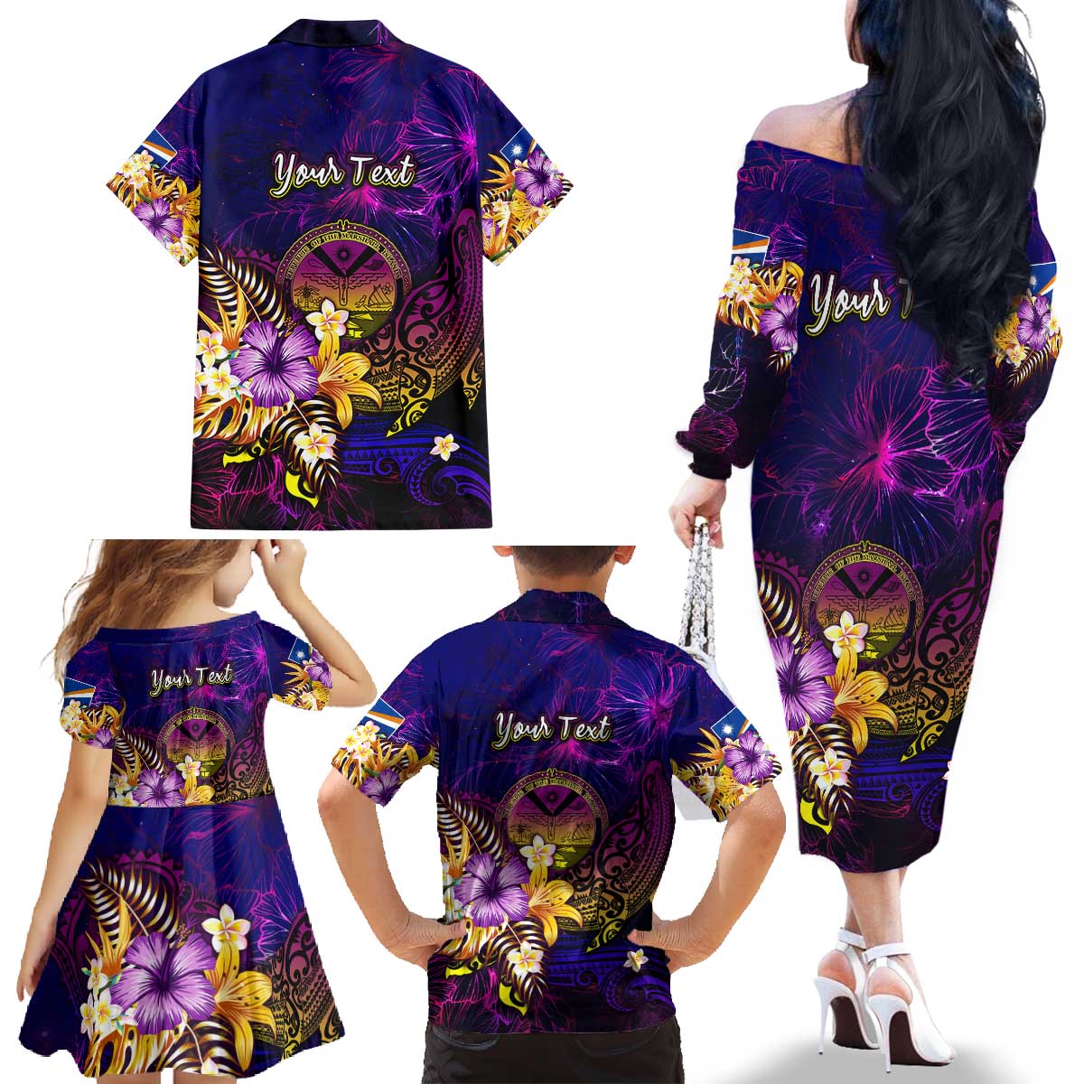 Marshall Islands Family Matching Off The Shoulder Long Sleeve Dress and Hawaiian Shirt Whale Hibiscus Polynesian DT02 - Polynesian Pride