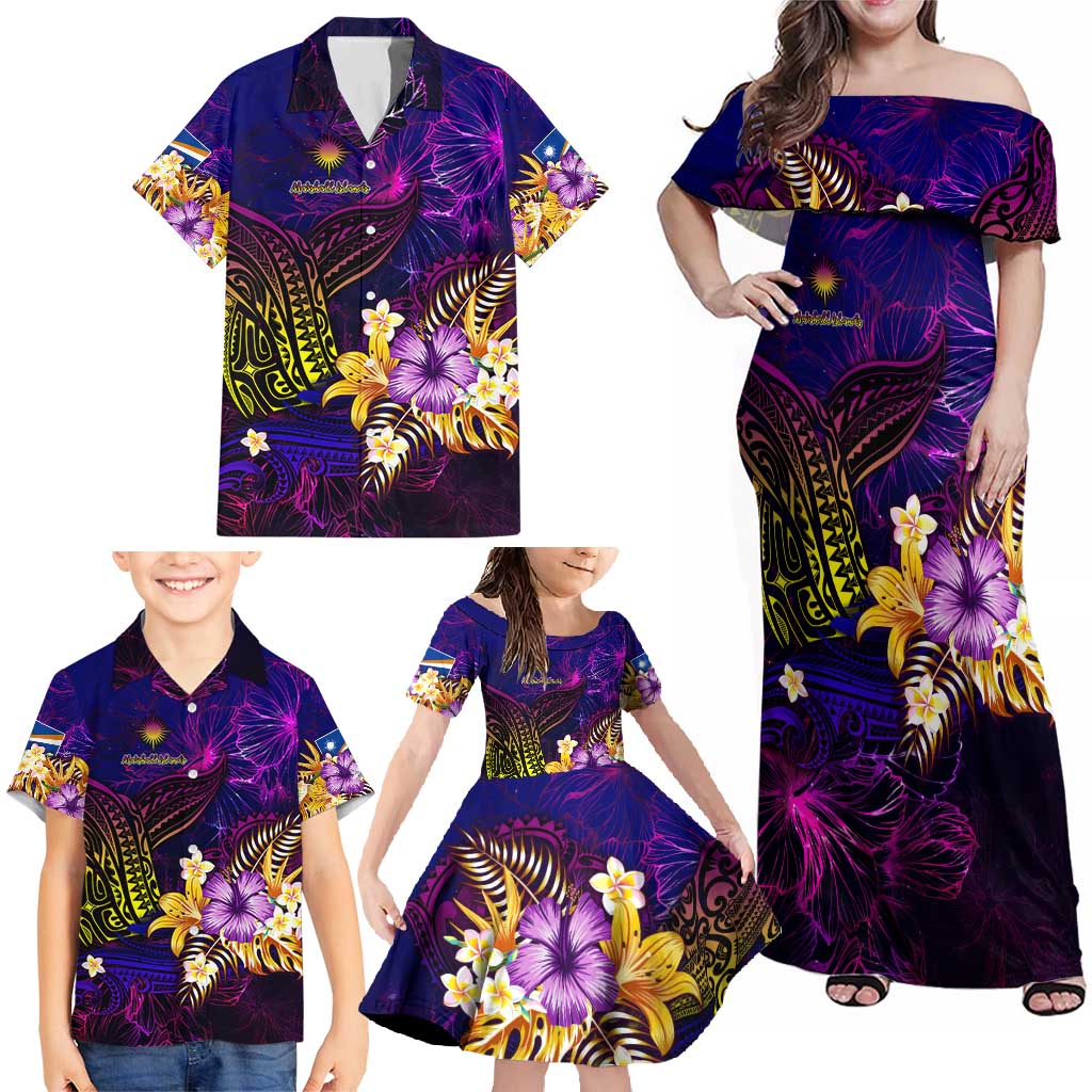 Marshall Islands Family Matching Off Shoulder Maxi Dress and Hawaiian Shirt Whale Hibiscus Polynesian