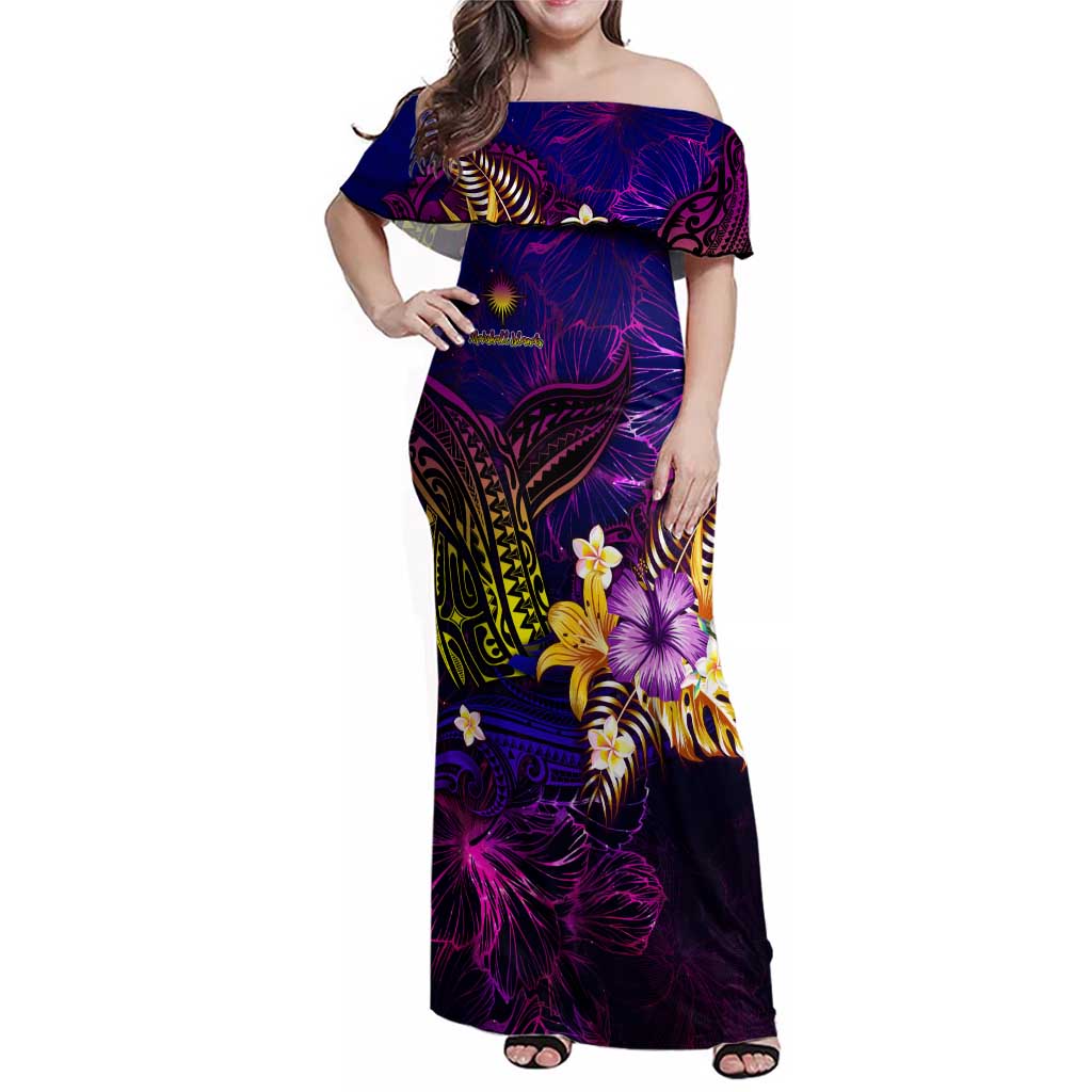 Marshall Islands Family Matching Off Shoulder Maxi Dress and Hawaiian Shirt Whale Hibiscus Polynesian DT02 Mom's Dress Purple - Polynesian Pride