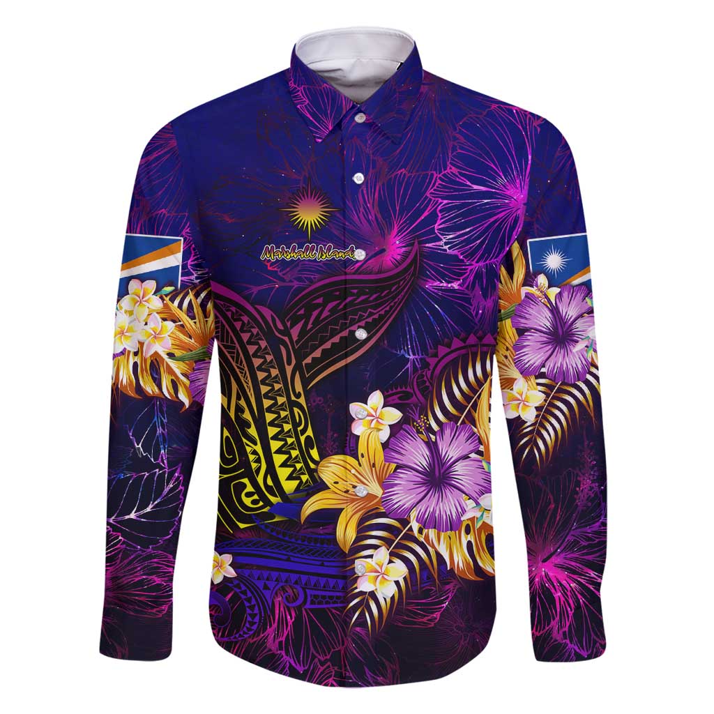 Marshall Islands Family Matching Tank Maxi Dress and Hawaiian Shirt Whale Hibiscus Polynesian DT02 Dad's Shirt - Long Sleeve Purple - Polynesian Pride