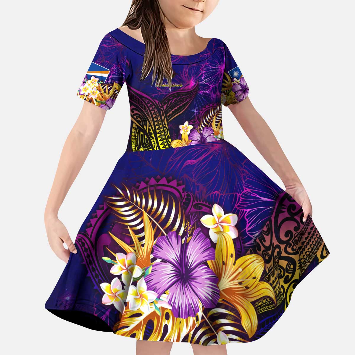 Marshall Islands Kid Short Sleeve Dress Whale Hibiscus Polynesian