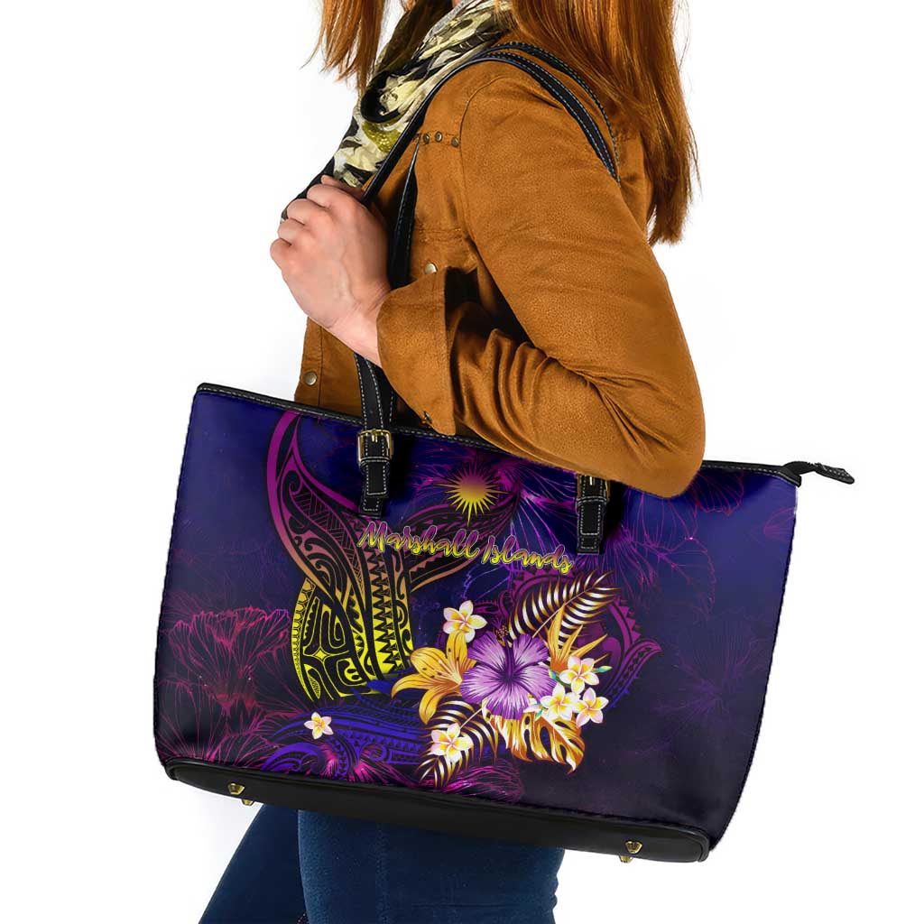 Marshall Islands Leather Tote Bag Whale Hibiscus Polynesian