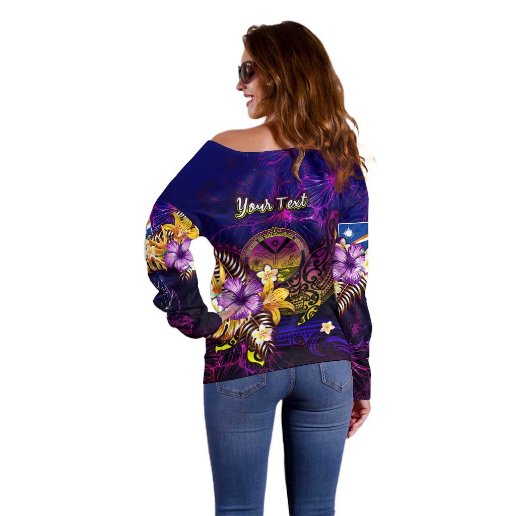 Marshall Islands Off Shoulder Sweater Whale Hibiscus Polynesian
