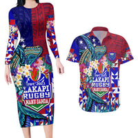 Manu Samoa Rugby 2023 Couples Matching Long Sleeve Bodycon Dress and Hawaiian Shirt Humpback Whale Hexagon Tribal Tropical Style DT02 Blue - Polynesian Pride