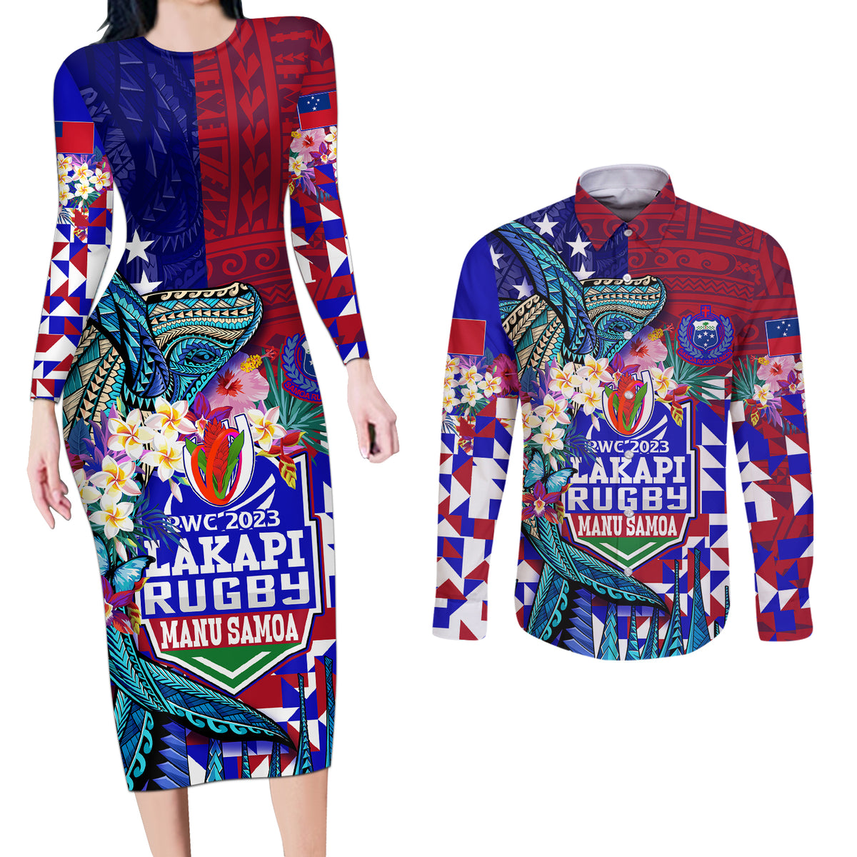 Manu Samoa Rugby 2023 Couples Matching Long Sleeve Bodycon Dress and Long Sleeve Button Shirts Humpback Whale Hexagon Tribal Tropical Style DT02 Blue - Polynesian Pride
