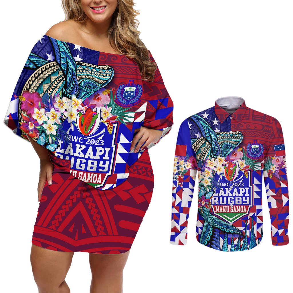 Manu Samoa Rugby 2023 Couples Matching Off Shoulder Short Dress and Long Sleeve Button Shirts Humpback Whale Hexagon Tribal Tropical Style DT02 Blue - Polynesian Pride