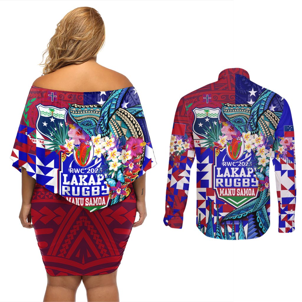 Manu Samoa Rugby 2023 Couples Matching Off Shoulder Short Dress and Long Sleeve Button Shirts Humpback Whale Hexagon Tribal Tropical Style DT02 - Polynesian Pride