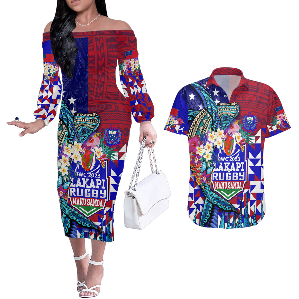 Manu Samoa Rugby 2023 Couples Matching Off The Shoulder Long Sleeve Dress and Hawaiian Shirt Humpback Whale Hexagon Tribal Tropical Style DT02 Blue - Polynesian Pride