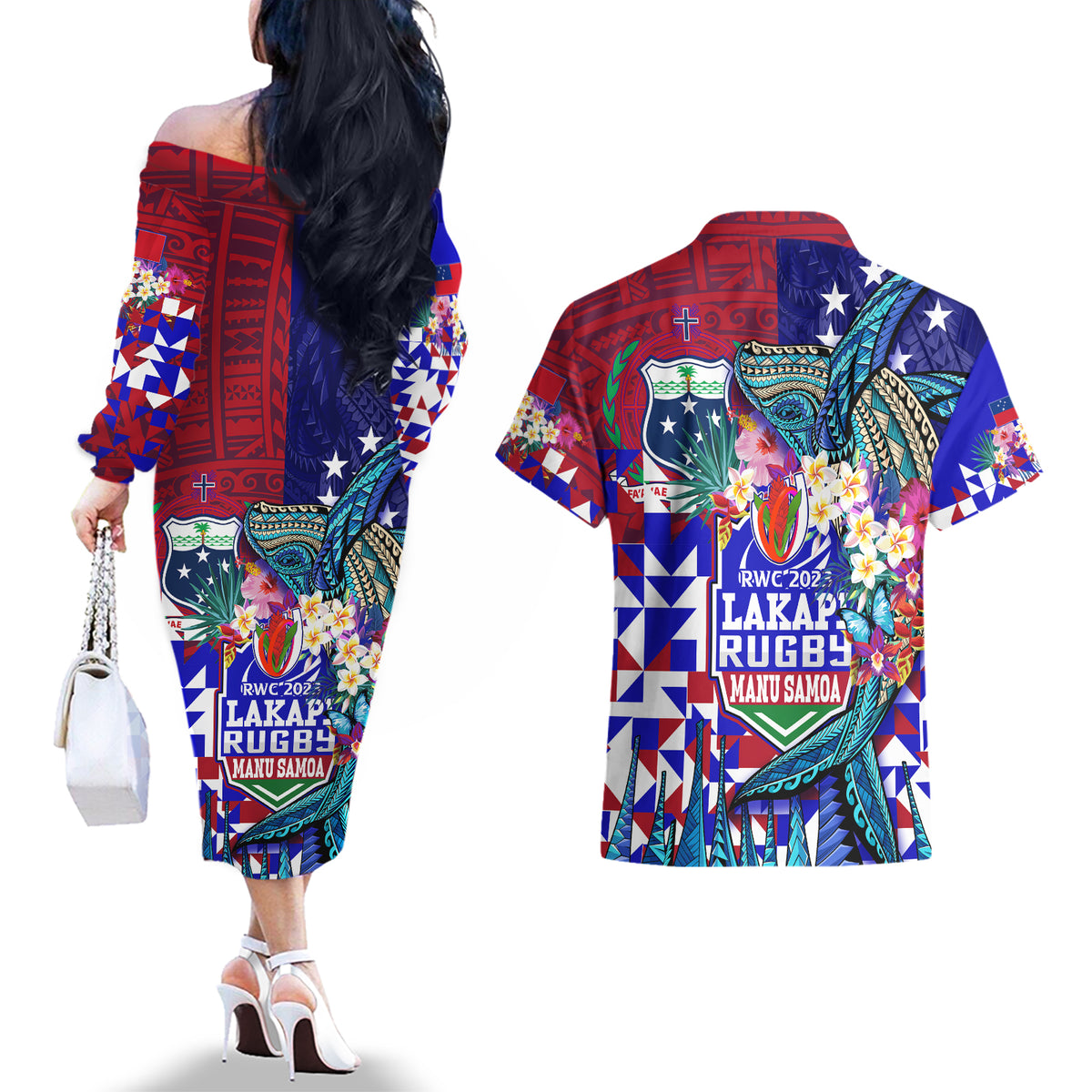 Manu Samoa Rugby 2023 Couples Matching Off The Shoulder Long Sleeve Dress and Hawaiian Shirt Humpback Whale Hexagon Tribal Tropical Style DT02 - Polynesian Pride