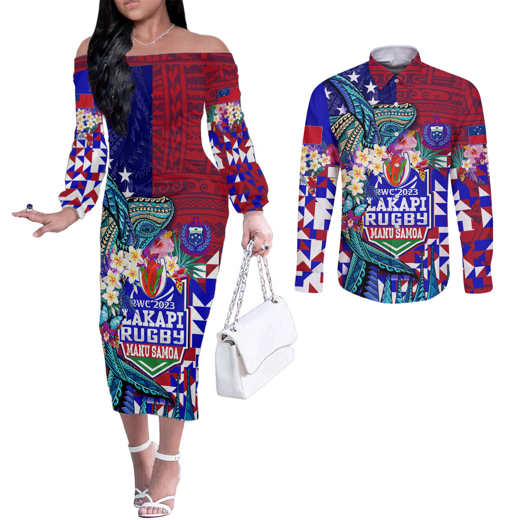 Manu Samoa Rugby 2023 Couples Matching Off The Shoulder Long Sleeve Dress and Long Sleeve Button Shirts Humpback Whale Hexagon Tribal Tropical Style DT02 Blue - Polynesian Pride