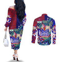 Manu Samoa Rugby 2023 Couples Matching Off The Shoulder Long Sleeve Dress and Long Sleeve Button Shirts Humpback Whale Hexagon Tribal Tropical Style DT02 - Polynesian Pride