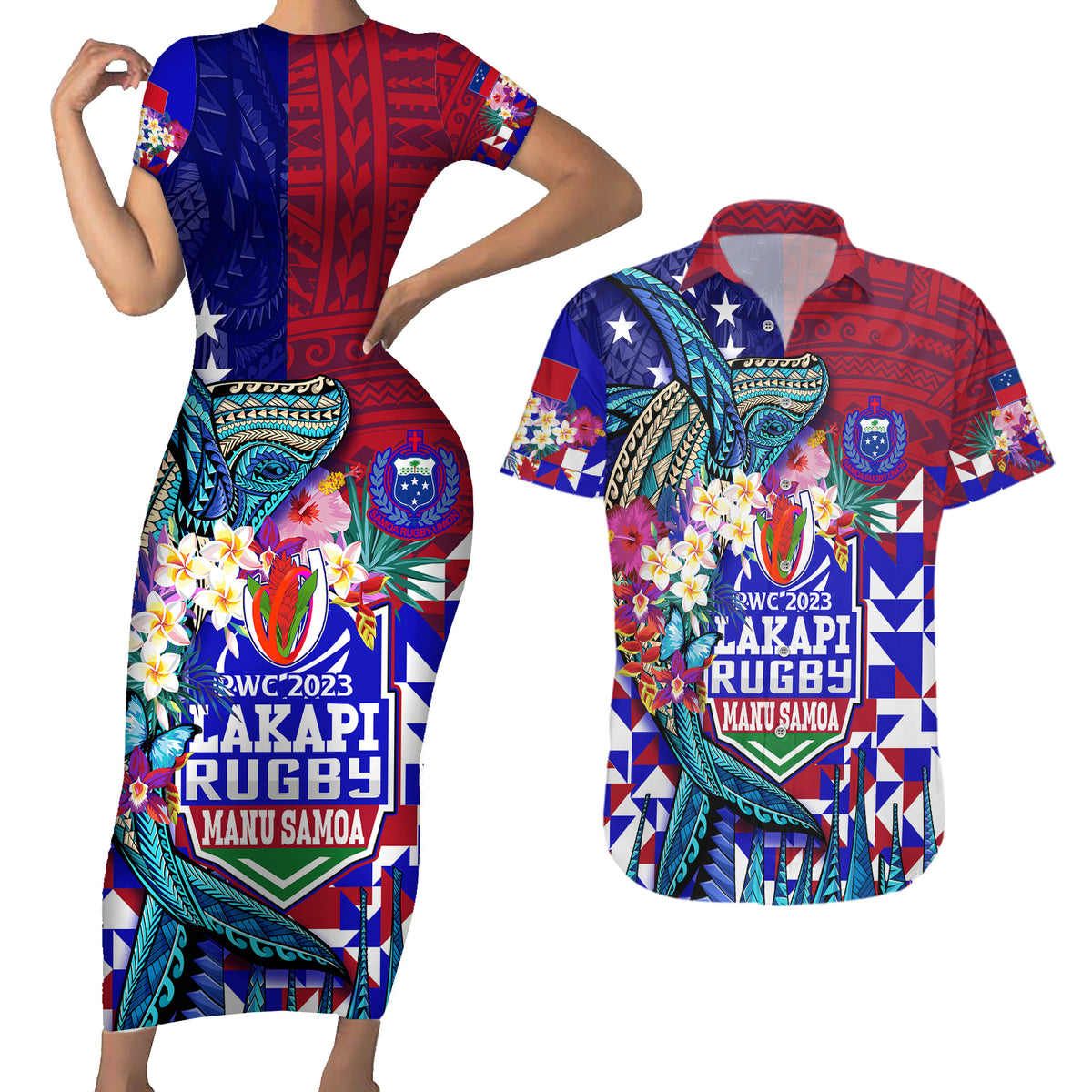 Manu Samoa Rugby 2023 Couples Matching Short Sleeve Bodycon Dress and Hawaiian Shirt Humpback Whale Hexagon Tribal Tropical Style DT02 Blue - Polynesian Pride