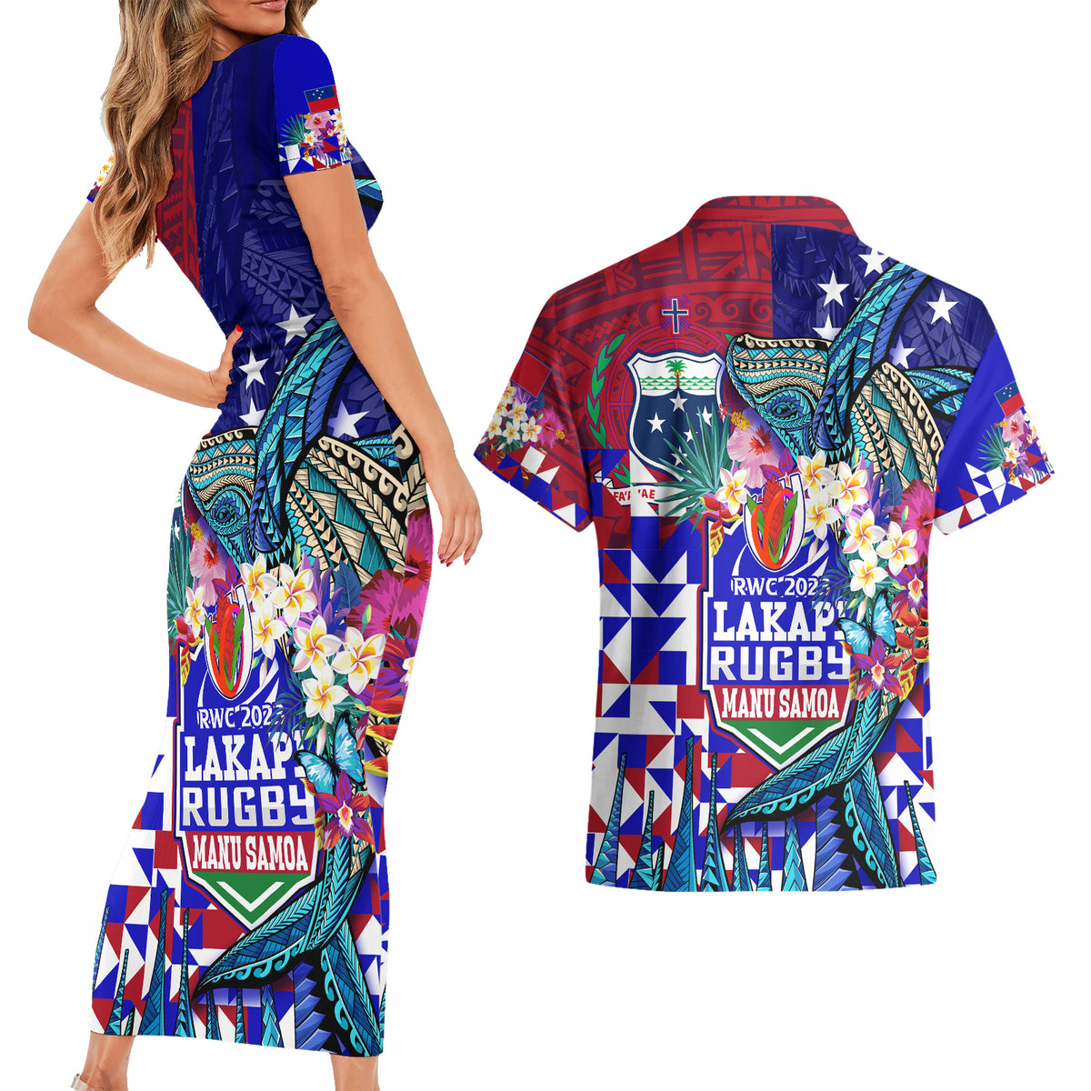 Manu Samoa Rugby 2023 Couples Matching Short Sleeve Bodycon Dress and Hawaiian Shirt Humpback Whale Hexagon Tribal Tropical Style DT02 - Polynesian Pride