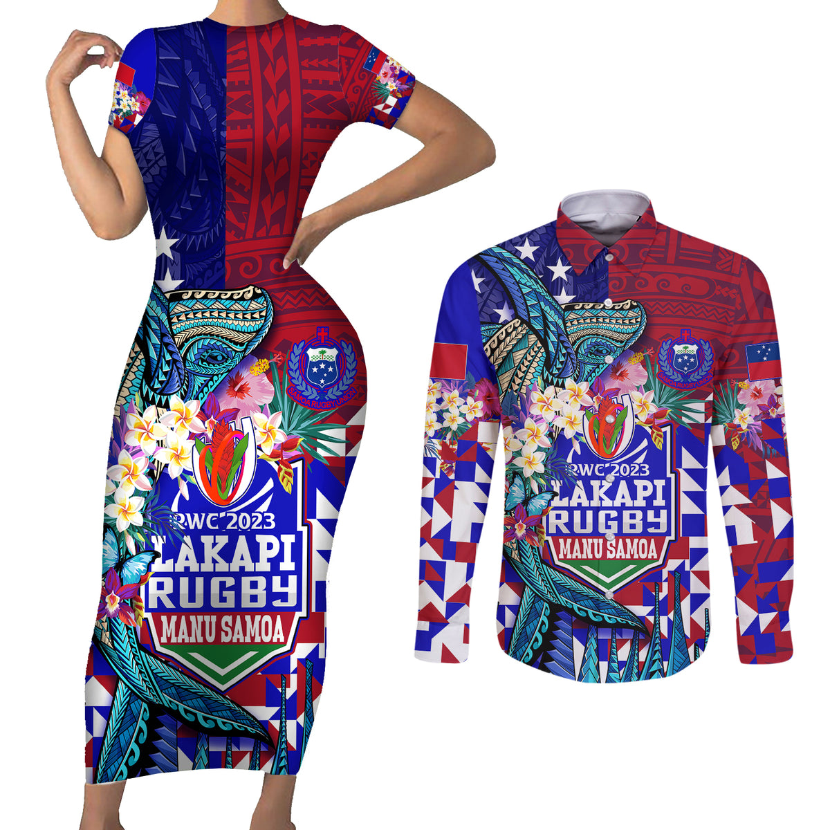 Manu Samoa Rugby 2023 Couples Matching Short Sleeve Bodycon Dress and Long Sleeve Button Shirts Humpback Whale Hexagon Tribal Tropical Style DT02 Blue - Polynesian Pride