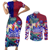 Manu Samoa Rugby 2023 Couples Matching Short Sleeve Bodycon Dress and Long Sleeve Button Shirts Humpback Whale Hexagon Tribal Tropical Style DT02 Blue - Polynesian Pride