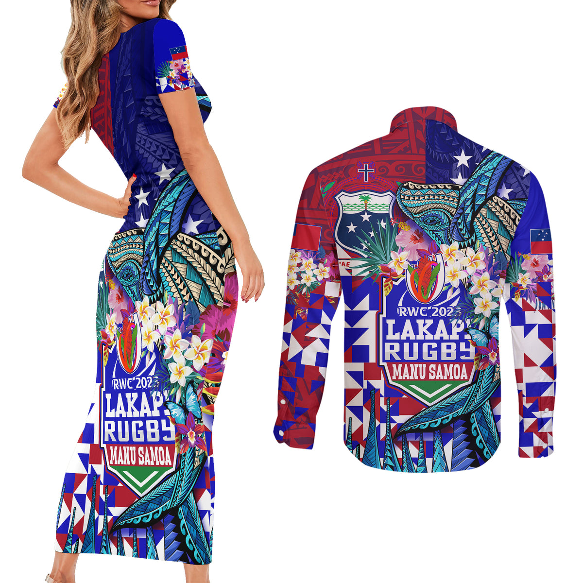 Manu Samoa Rugby 2023 Couples Matching Short Sleeve Bodycon Dress and Long Sleeve Button Shirts Humpback Whale Hexagon Tribal Tropical Style DT02 - Polynesian Pride