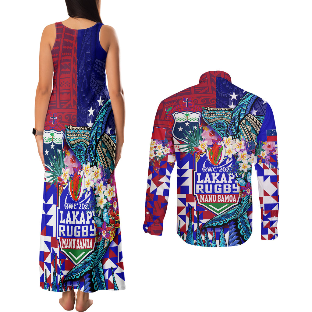 Manu Samoa Rugby 2023 Couples Matching Tank Maxi Dress and Long Sleeve Button Shirts Humpback Whale Hexagon Tribal Tropical Style DT02 - Polynesian Pride