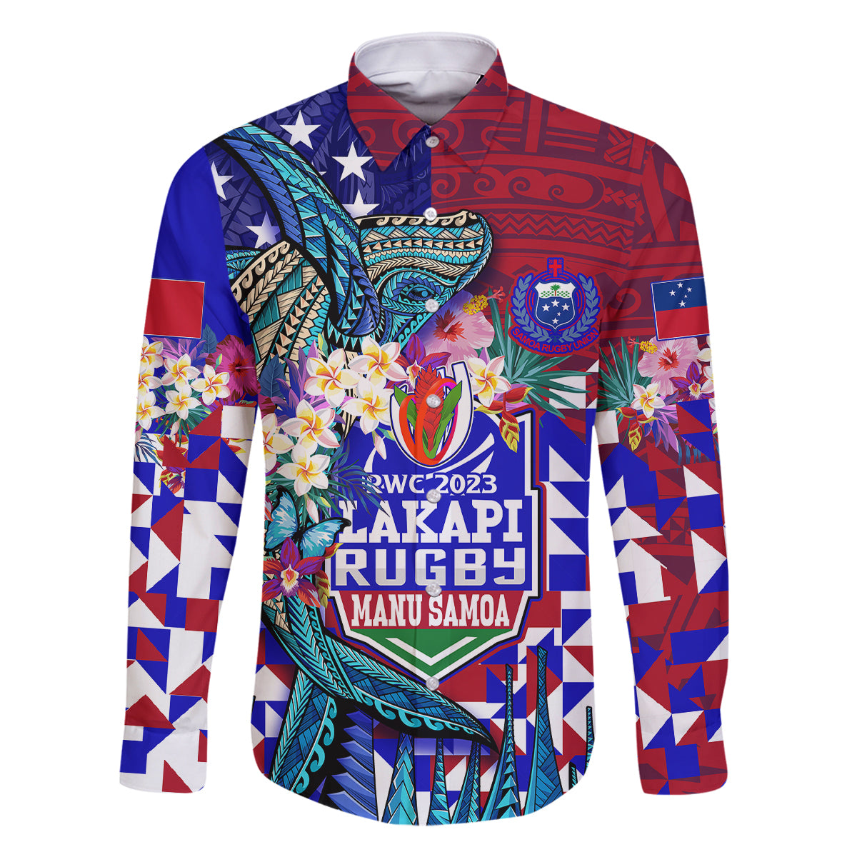 Manu Samoa Rugby 2023 Family Matching Long Sleeve Bodycon Dress and Hawaiian Shirt Humpback Whale Hexagon Tribal Tropical Style DT02 Dad's Shirt - Long Sleeve Blue - Polynesian Pride
