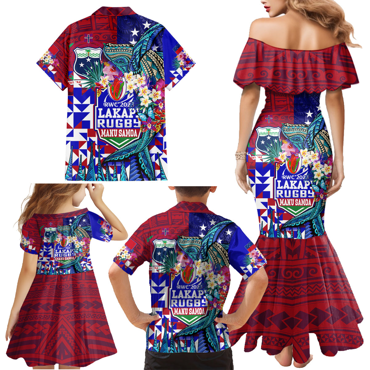 Manu Samoa Rugby 2023 Family Matching Mermaid Dress and Hawaiian Shirt Humpback Whale Hexagon Tribal Tropical Style DT02 - Polynesian Pride