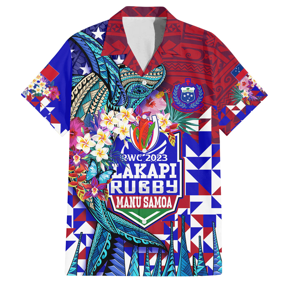 Manu Samoa Rugby 2023 Family Matching Off Shoulder Long Sleeve Dress and Hawaiian Shirt Humpback Whale Hexagon Tribal Tropical Style DT02 Dad's Shirt - Short Sleeve Blue - Polynesian Pride