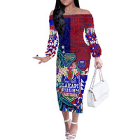 Manu Samoa Rugby 2023 Family Matching Off Shoulder Long Sleeve Dress and Hawaiian Shirt Humpback Whale Hexagon Tribal Tropical Style DT02 Mom's Dress Blue - Polynesian Pride