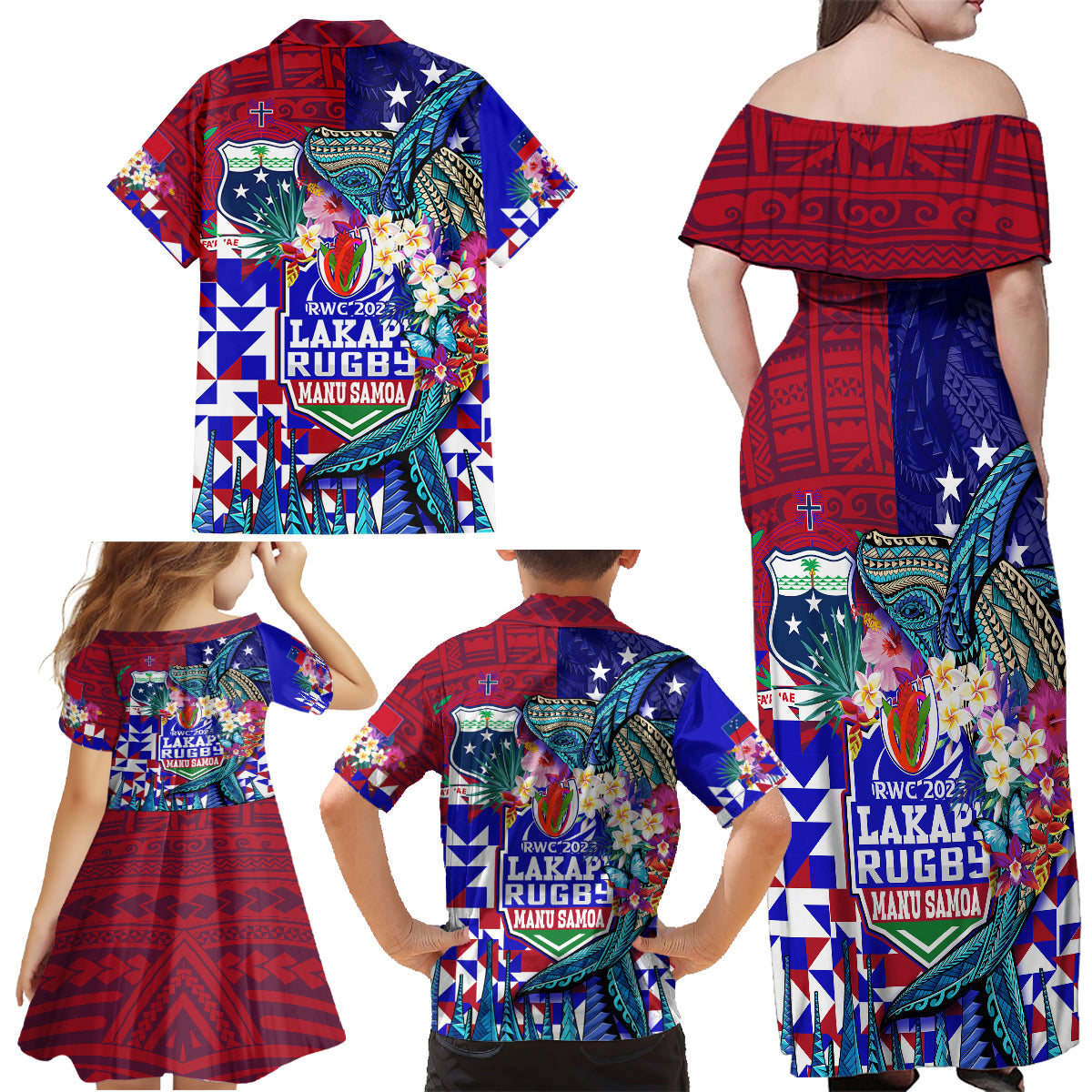 Manu Samoa Rugby 2023 Family Matching Off Shoulder Maxi Dress and Hawaiian Shirt Humpback Whale Hexagon Tribal Tropical Style DT02 - Polynesian Pride