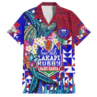 Manu Samoa Rugby 2023 Family Matching Off Shoulder Maxi Dress and Hawaiian Shirt Humpback Whale Hexagon Tribal Tropical Style DT02 Dad's Shirt - Short Sleeve Blue - Polynesian Pride
