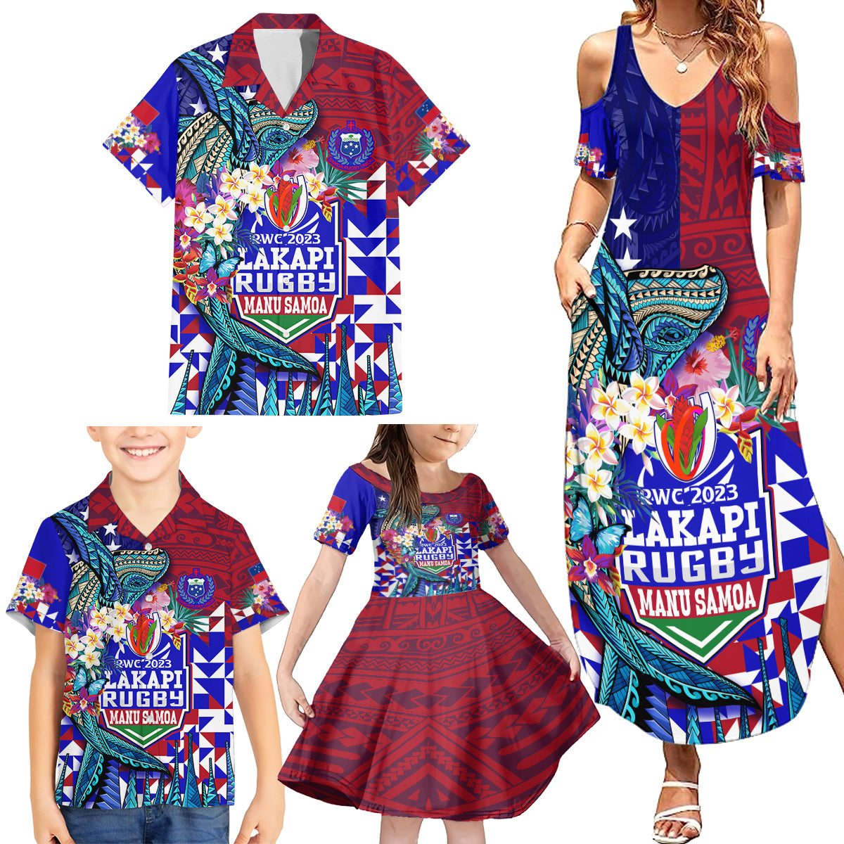 Manu Samoa Rugby 2023 Family Matching Summer Maxi Dress and Hawaiian Shirt Humpback Whale Hexagon Tribal Tropical Style DT02 - Polynesian Pride