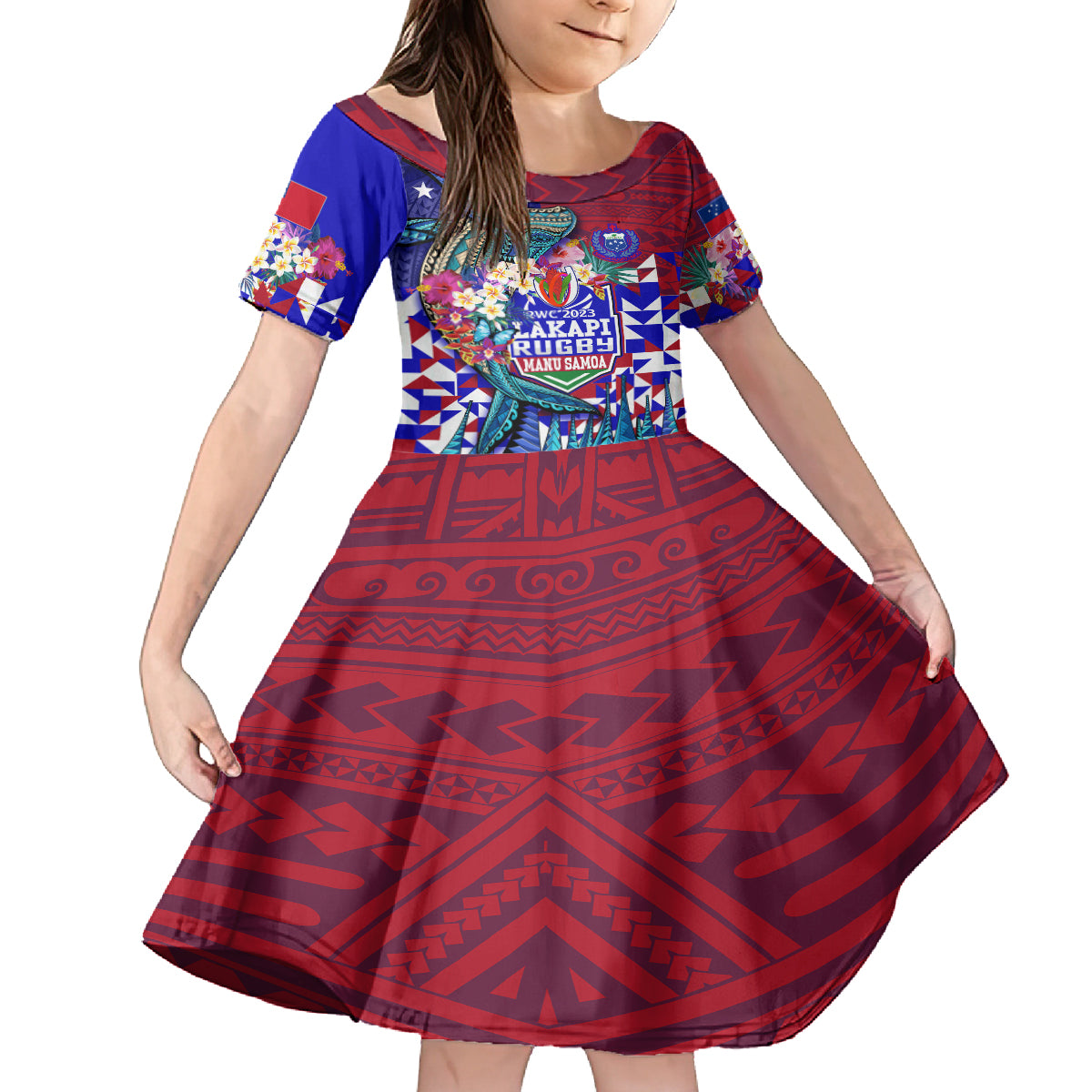 Manu Samoa Rugby 2023 Family Matching Tank Maxi Dress and Hawaiian Shirt Humpback Whale Hexagon Tribal Tropical Style DT02 Daughter's Dress Blue - Polynesian Pride