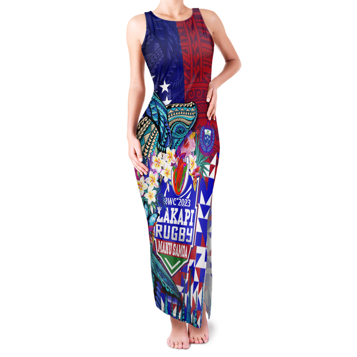Manu Samoa Rugby 2023 Family Matching Tank Maxi Dress and Hawaiian Shirt Humpback Whale Hexagon Tribal Tropical Style DT02 Mom's Dress Blue - Polynesian Pride