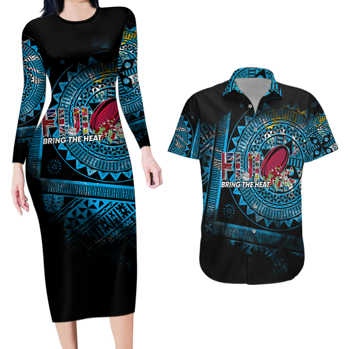 Fiji Rugby Couples Matching Long Sleeve Bodycon Dress and Hawaiian Shirt Bring The Heat DT02 Blue - Polynesian Pride