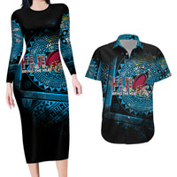 Fiji Rugby Couples Matching Long Sleeve Bodycon Dress and Hawaiian Shirt Bring The Heat DT02 Blue - Polynesian Pride