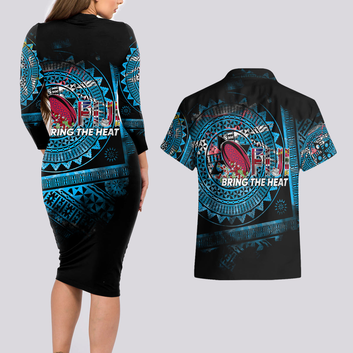 Fiji Rugby Couples Matching Long Sleeve Bodycon Dress and Hawaiian Shirt Bring The Heat DT02 - Polynesian Pride
