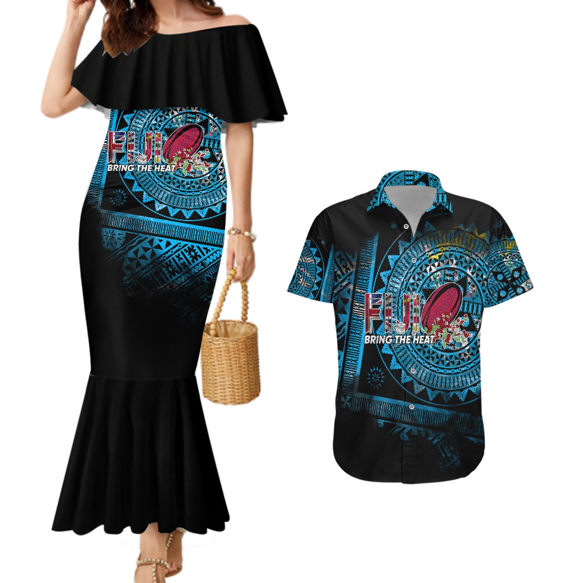 Fiji Rugby Couples Matching Mermaid Dress and Hawaiian Shirt Bring The Heat DT02 Blue - Polynesian Pride