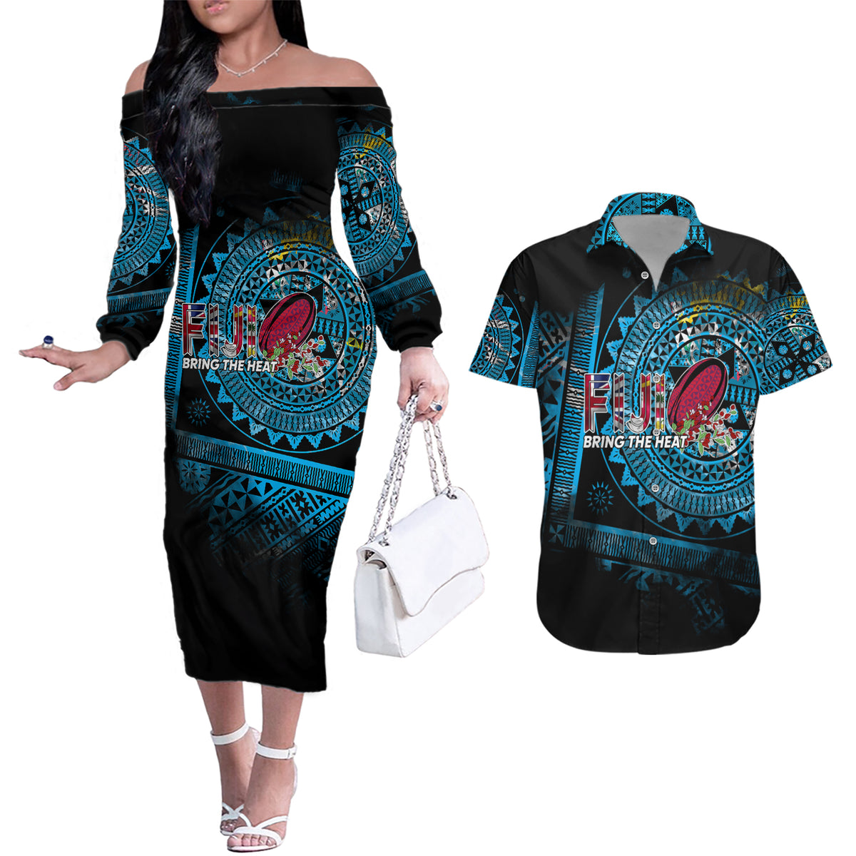 Fiji Rugby Couples Matching Off The Shoulder Long Sleeve Dress and Hawaiian Shirt Bring The Heat DT02 Blue - Polynesian Pride