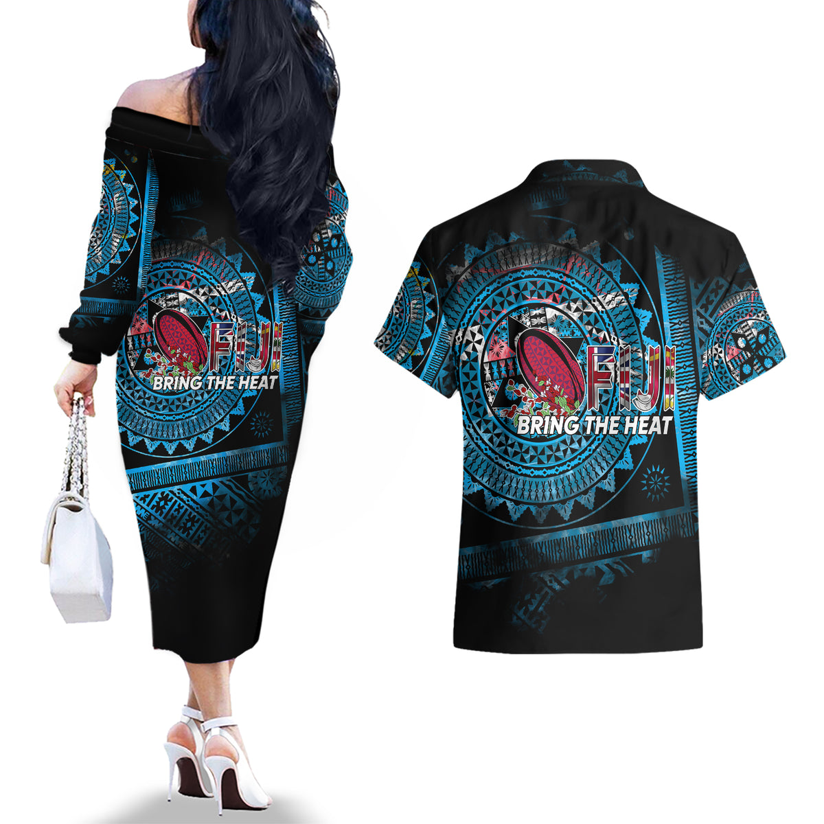 Fiji Rugby Couples Matching Off The Shoulder Long Sleeve Dress and Hawaiian Shirt Bring The Heat DT02 - Polynesian Pride