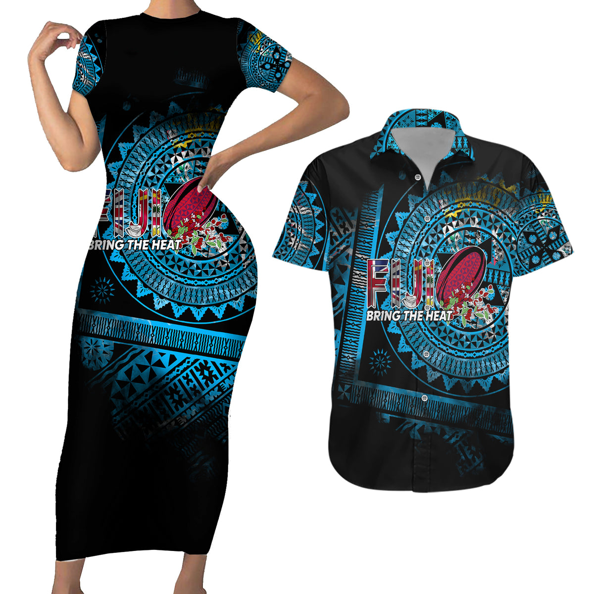 Fiji Rugby Couples Matching Short Sleeve Bodycon Dress and Hawaiian Shirt Bring The Heat DT02 Blue - Polynesian Pride
