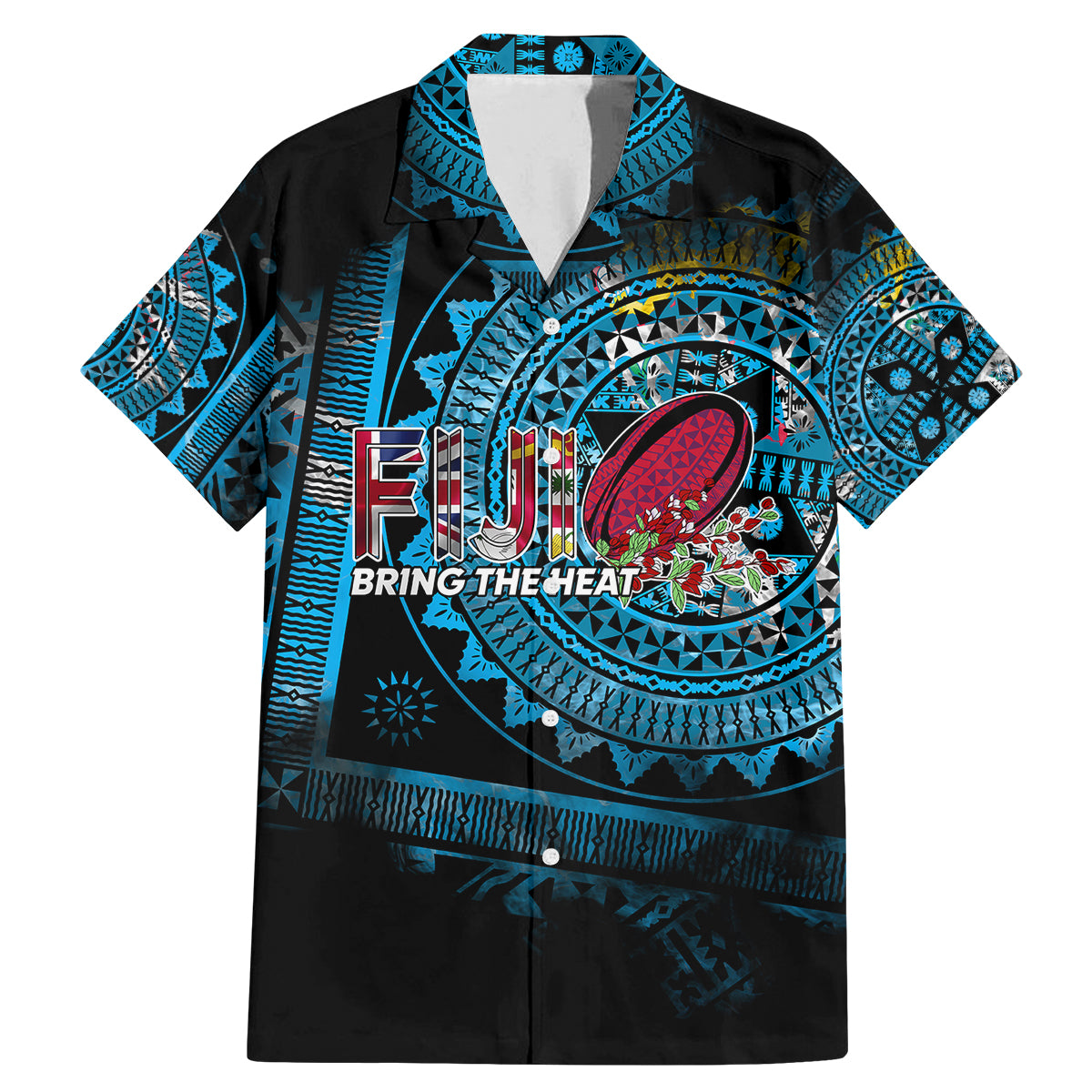 Fiji Rugby Family Matching Mermaid Dress and Hawaiian Shirt Bring The Heat DT02 Dad's Shirt - Short Sleeve Blue - Polynesian Pride