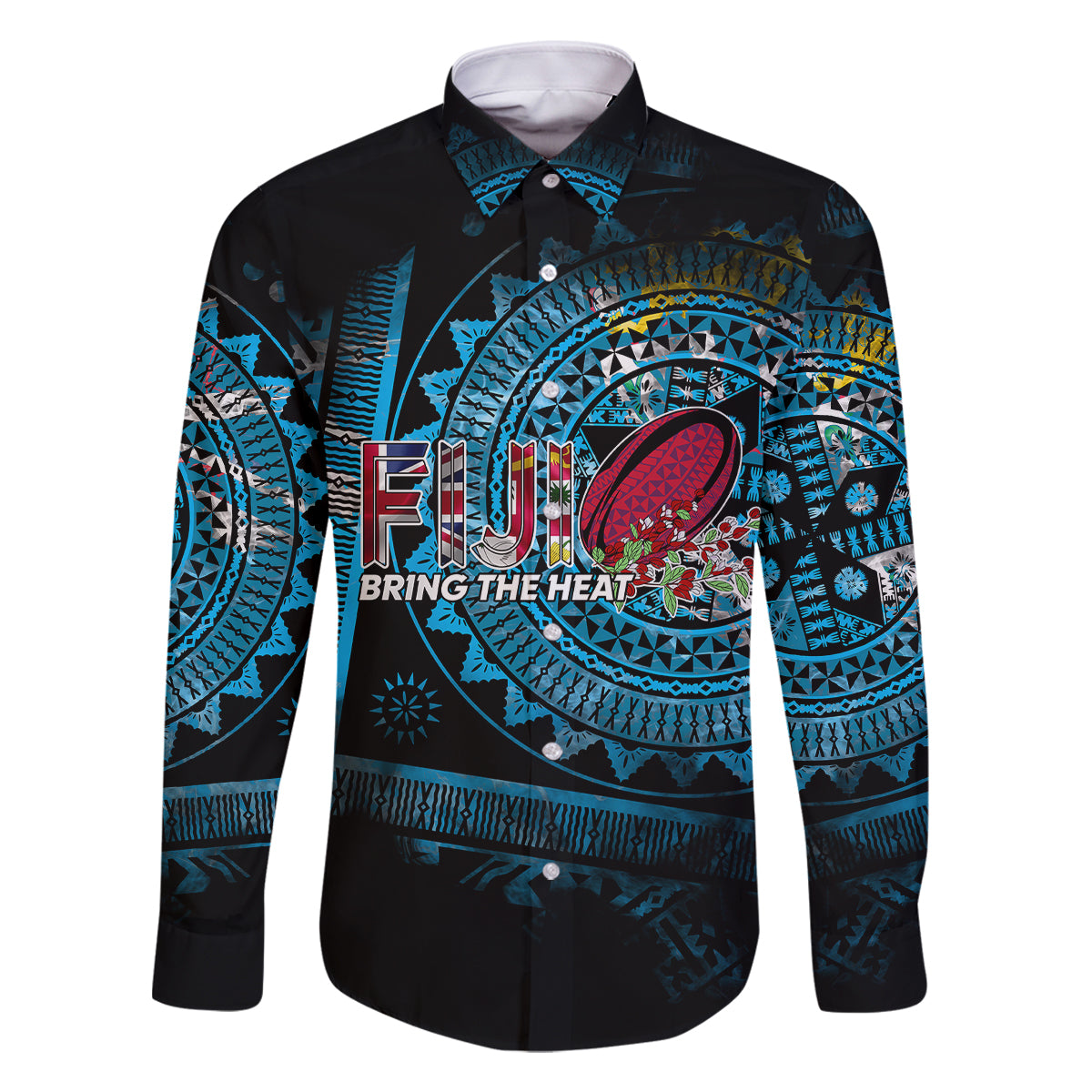 Fiji Rugby Family Matching Mermaid Dress and Hawaiian Shirt Bring The Heat DT02 Dad's Shirt - Long Sleeve Blue - Polynesian Pride