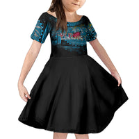 Fiji Rugby Family Matching Off Shoulder Long Sleeve Dress and Hawaiian Shirt Bring The Heat DT02 Daughter's Dress Blue - Polynesian Pride