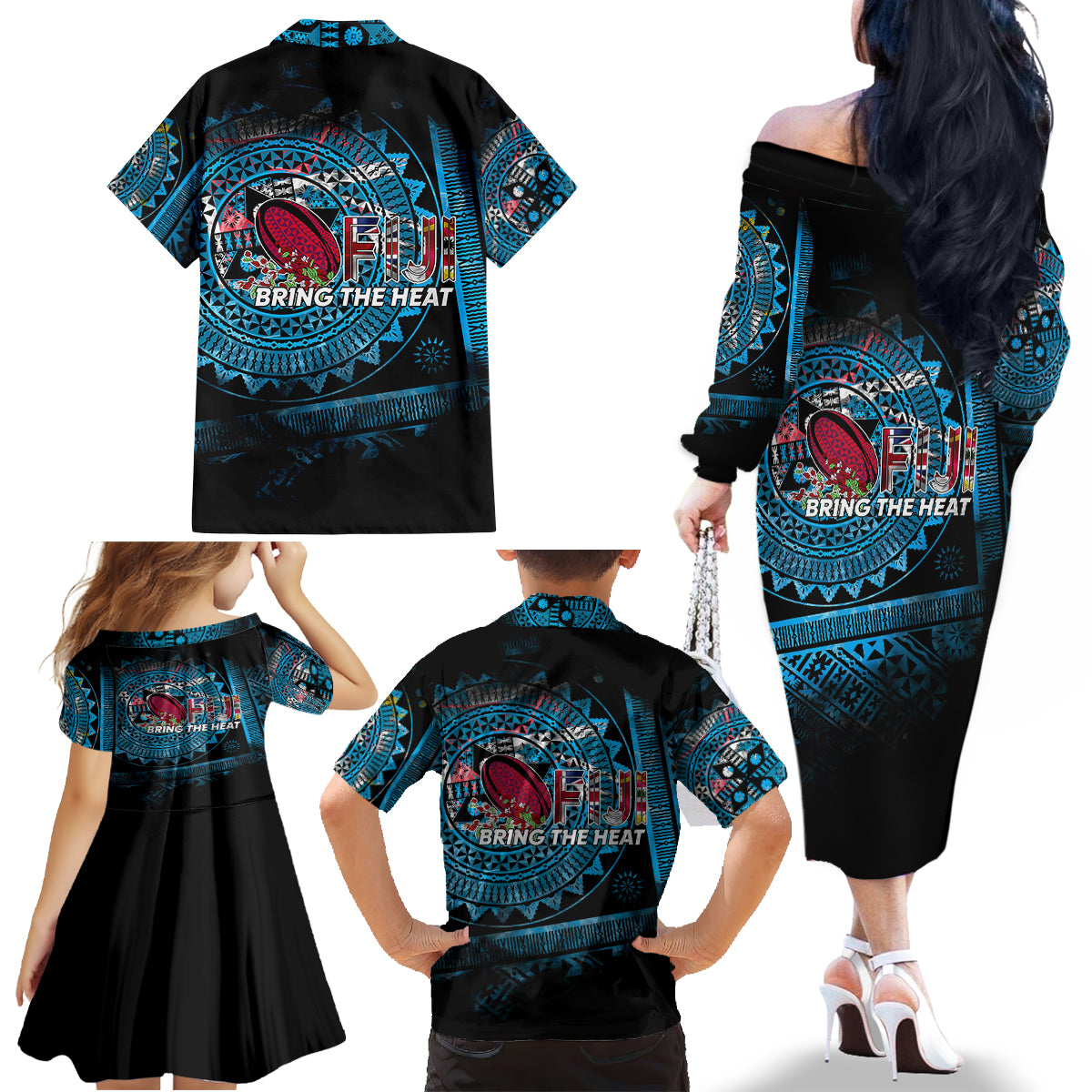 Fiji Rugby Family Matching Off Shoulder Long Sleeve Dress and Hawaiian Shirt Bring The Heat DT02 - Polynesian Pride