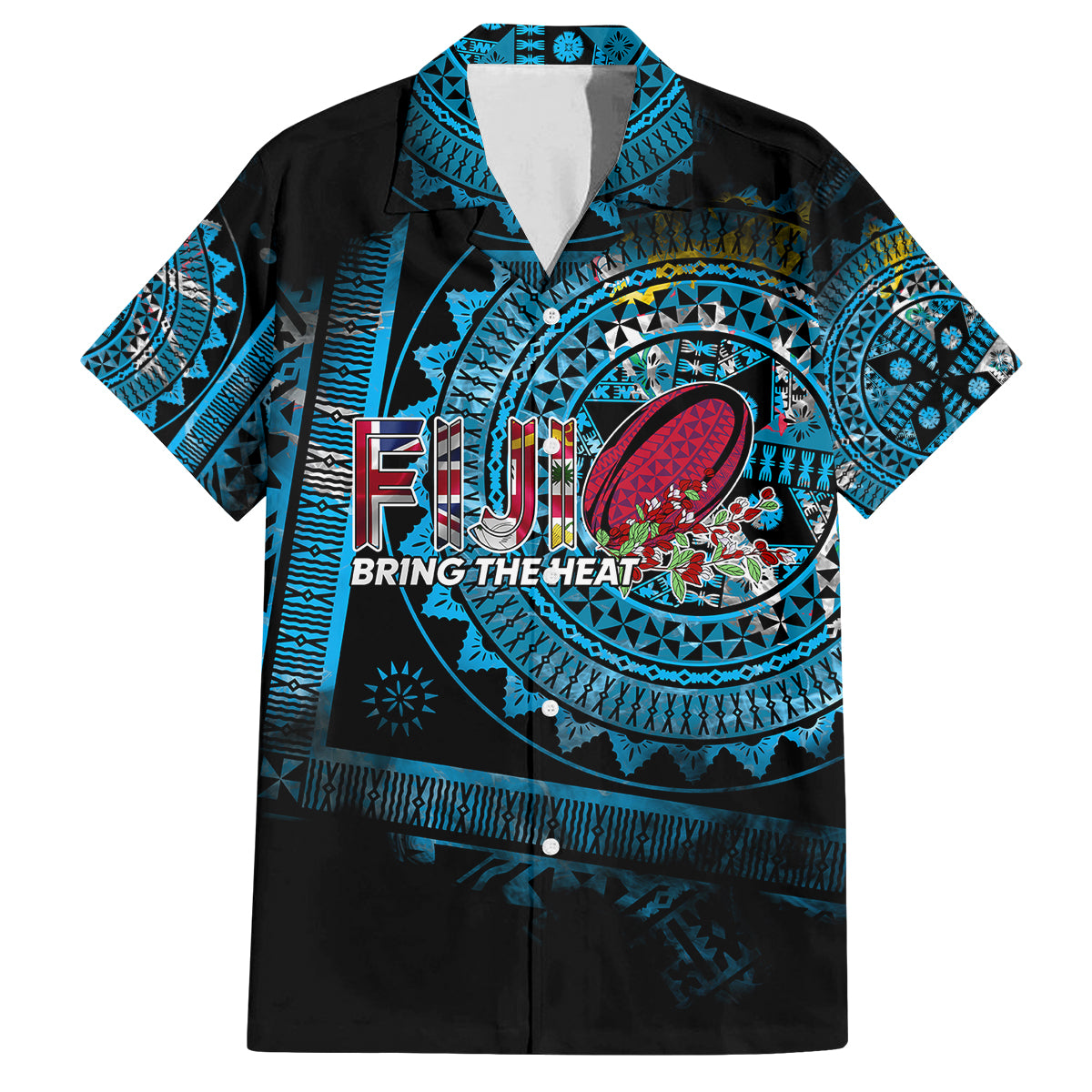 Fiji Rugby Family Matching Off Shoulder Maxi Dress and Hawaiian Shirt Bring The Heat DT02 Dad's Shirt - Short Sleeve Blue - Polynesian Pride