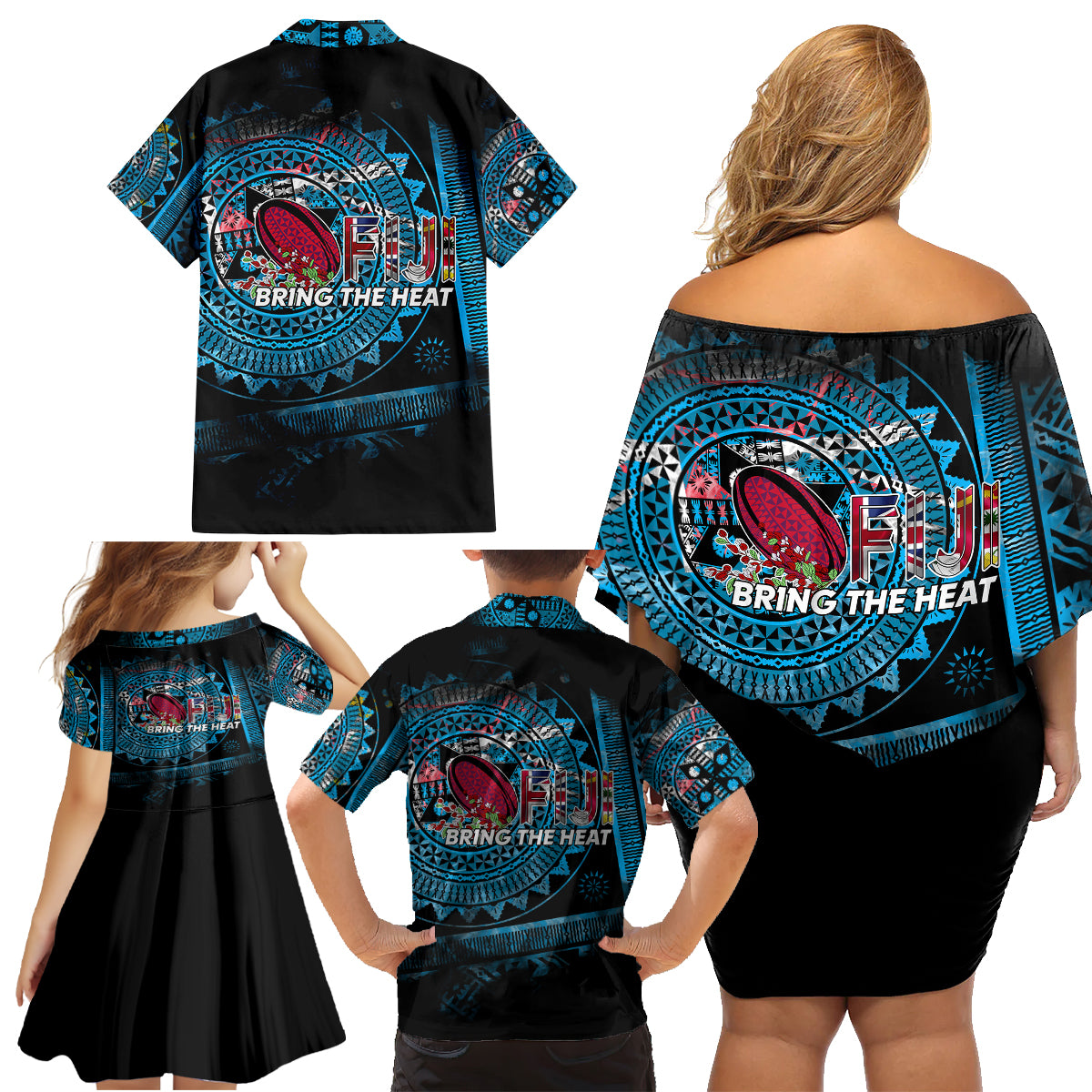 Fiji Rugby Family Matching Off Shoulder Short Dress and Hawaiian Shirt Bring The Heat DT02 - Polynesian Pride