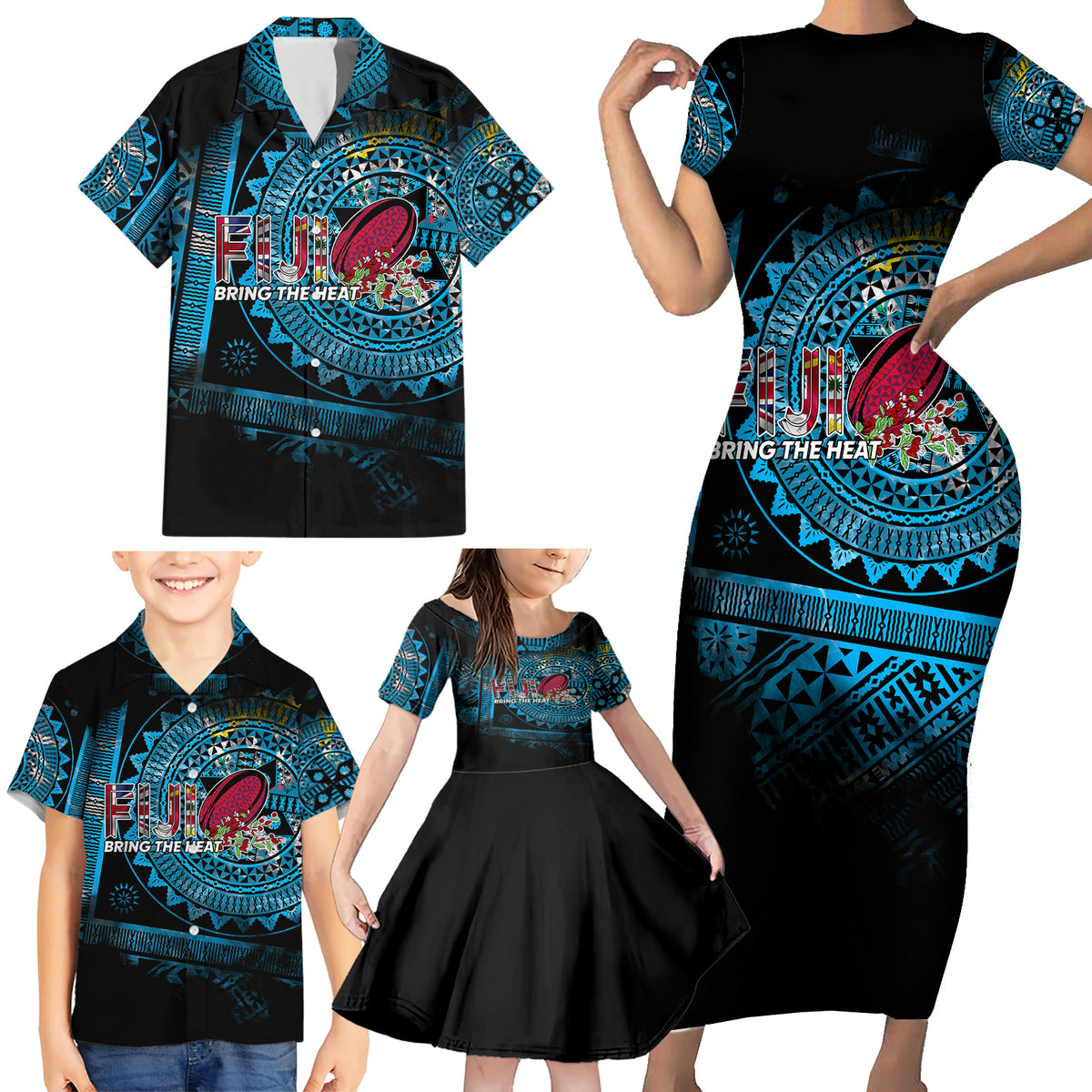 Fiji Rugby Family Matching Short Sleeve Bodycon Dress and Hawaiian Shirt Bring The Heat DT02 - Polynesian Pride