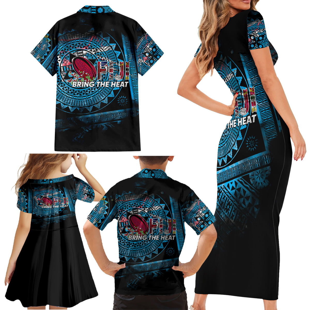 Fiji Rugby Family Matching Short Sleeve Bodycon Dress and Hawaiian Shirt Bring The Heat DT02 - Polynesian Pride