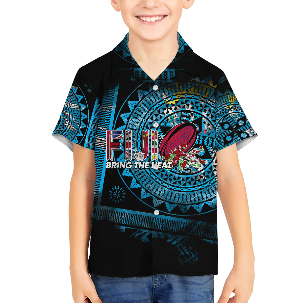 Fiji Rugby Family Matching Short Sleeve Bodycon Dress and Hawaiian Shirt Bring The Heat DT02 Son's Shirt Blue - Polynesian Pride