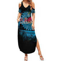 Fiji Rugby Family Matching Summer Maxi Dress and Hawaiian Shirt Bring The Heat DT02 Mom's Dress Blue - Polynesian Pride